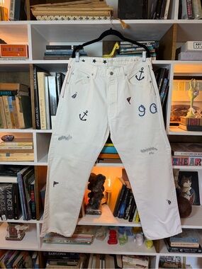 White Men's Embroidered Anchor Jeans